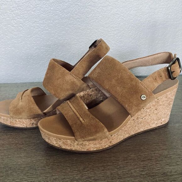 UGG Tan Suede Leather Cork Wedge Sandals 9 - Picture 1 of 8